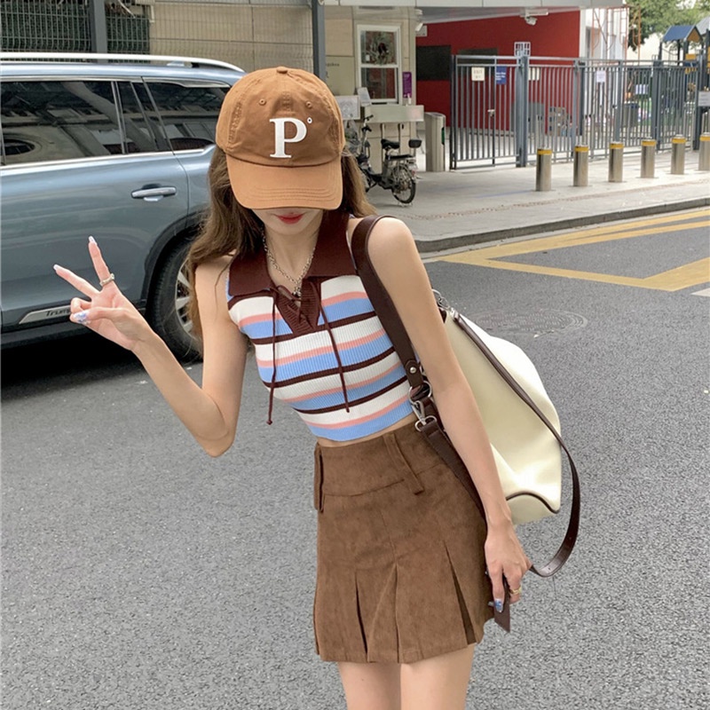 Áo Hai Dây Họa Tiết Kẻ Sọc Màu Sắc Tương Phản Phong Cách Retro Thời Trang Mùa Hè Cho Nữ