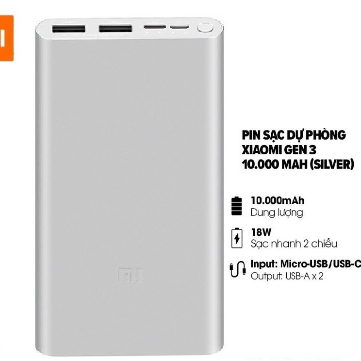 GIÁ HỦY DIỆT, CHÍNH HÃNG PIN Sạc Dự Phòng Xiaomi GEN 3 18W 10000 mAh, USB, type C Fast Charge Power Bank 11 PRO MAX PD