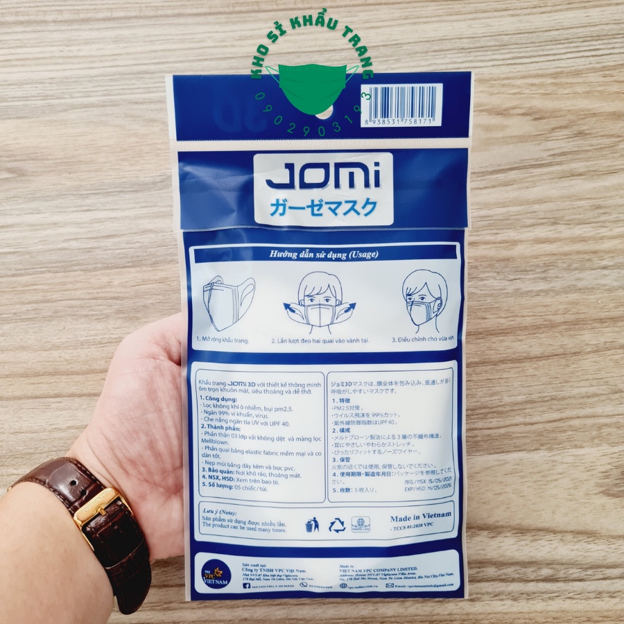 Khẩu trang 3D Jomi lọc bụi mịn PM 2.5 siêu vừa vặn túi 5 chiếc free size