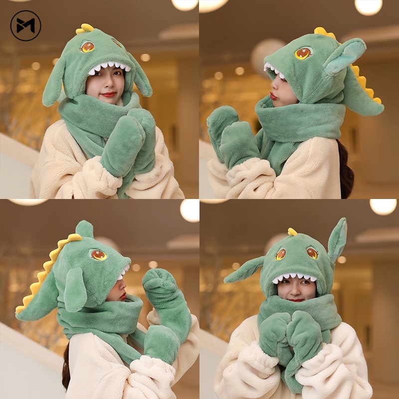 Bộ Đồ Chơi Thú Nhồi Bông Hình Khủng Long Dễ Thương Giữ Ấm Tai Và Khăn Choàng Cổ Dày Dặn