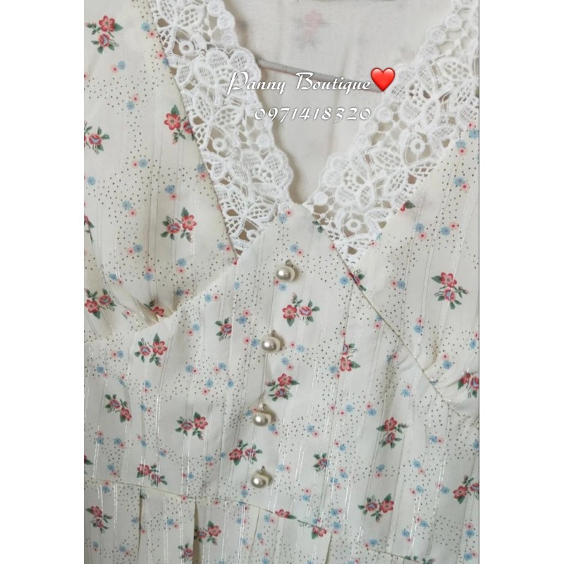 [Order có ảnh thật] Váy hoa nhí cổ V phối ren tay nhún nút ngọc 🌟, style ulzzang Hàn Quốc 🌻 Panny Boutique 🌻