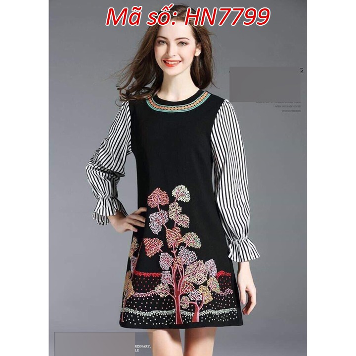 ⚡️ có đủ size ⚡️#HN7799 ĐẦM SUÔNG HỌA TIẾT THÊU TAY PHỐI SỌC KATE SANG TRỌNG - HÀNG NHẬP KHẨU