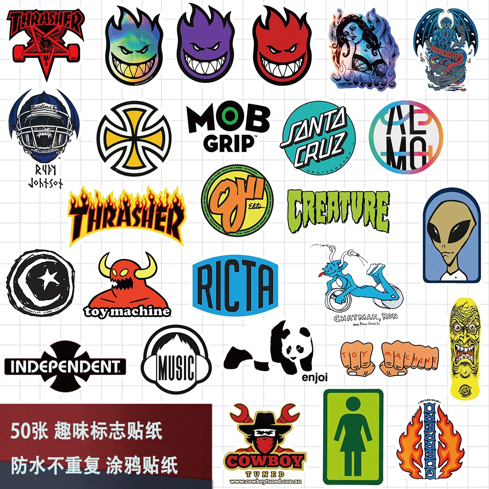 Set 50 sticker hình logo chống thấm nước độc đáo dán trang trí vali/ xe hơi/ guitar/ ván trượt/ điện thoại/ xe đạp