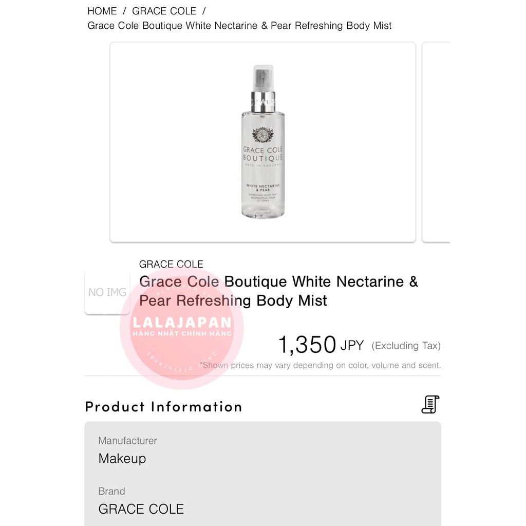 Xịt thơm toàn thân Body Mist Grace Cole White Nectarine &amp; Pear Nhật Bản