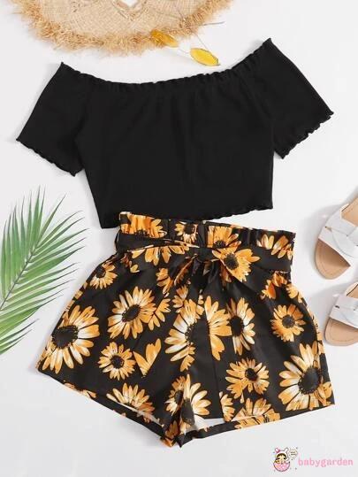 Áo Kiểu 2 Dây Và Quần Short Họa Tiết Hoa Hướng Dương Cho Bé Gái