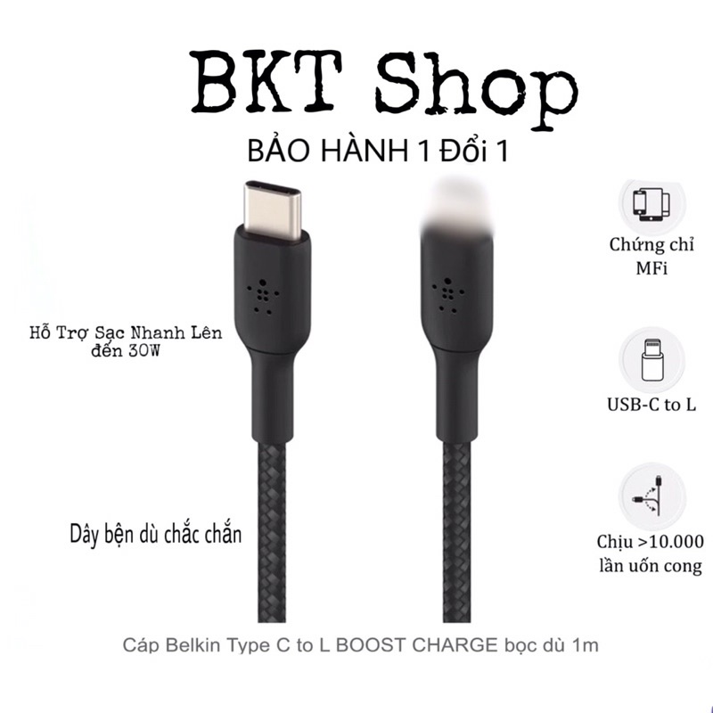 Cáp Sạc C-L 1m Belkin CAA004-Hỗ trợ sạc nhanh 30W