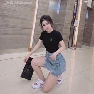 CHÂN VÁY JEAN LỆCH TÀ PHỐI NÚT