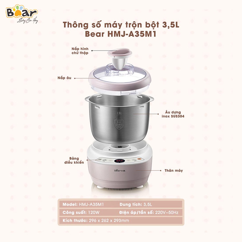 Máy Nhồi Trộn Bột Tự Động Bear dung tích 3.5L, 5L, 7L (Hàng chính hãng 1 đổi 1 trong 30 ngày, bảo hành 18 tháng)