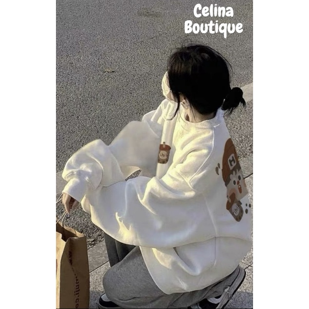 Áo sweater nỉ bông Tihik CELINA BOUTIQUE  Áo nỉ bông dáng rộng giấu quần tay bồng dáng học sinh cute