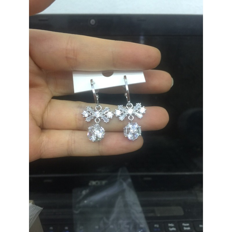 Khuyên tai tua rua thả 5 sợi mỳ đính đá nhân tạo bạc thật mạ vàng trắng (xi kim) dự tiệc quả cầu nơ rô