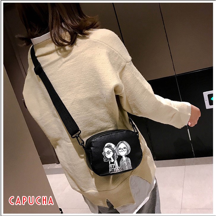 Túi xách nữ đeo vai phong cách Hàn Quốc chất da mềm mịn họa tiết cô gái lạ Capucha T146