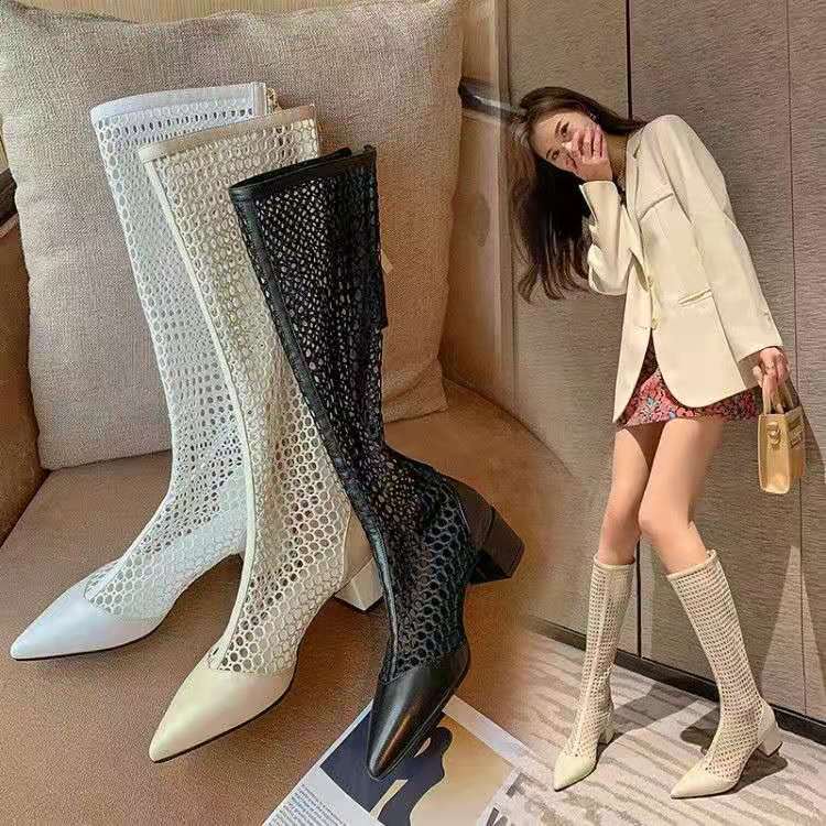 Xăng đan Gót Vừa Mũi Nhọn Phối Lưới Thời Trang Mùa Hè Cho Nữ