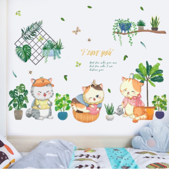 Decal trang trí tường - Những chậu cây xanh và 3 chú mèo
