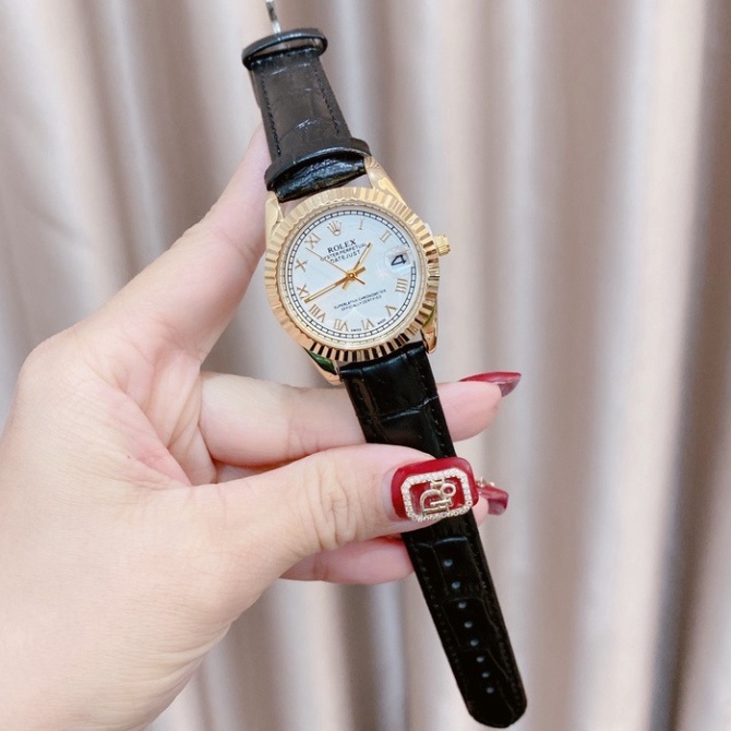 Đồng Hồ Nữ Đẹp Thời Trang, Đồng Hồ Đeo Tay Rolex Dây Da Viền Kim Loại Chống Nước Cao Cấp Mẫu Đẹp 2022