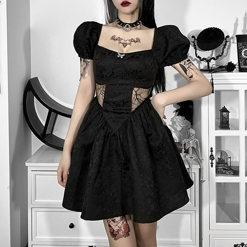 Đầm Xòe Chữ A Tay Ngắn Phồng Cổ Vuông Phối Ren Màu Đen Phong Cách Gothic Quyến Rũ Dành Cho Nữ