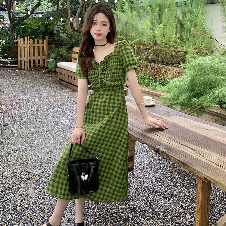 Đầm Tay Ngắn Cổ Vuông Dáng Chữ A Họa Tiết Sọc Caro Phong Cách Hàn Quốc Thời Trang Cho Nữ