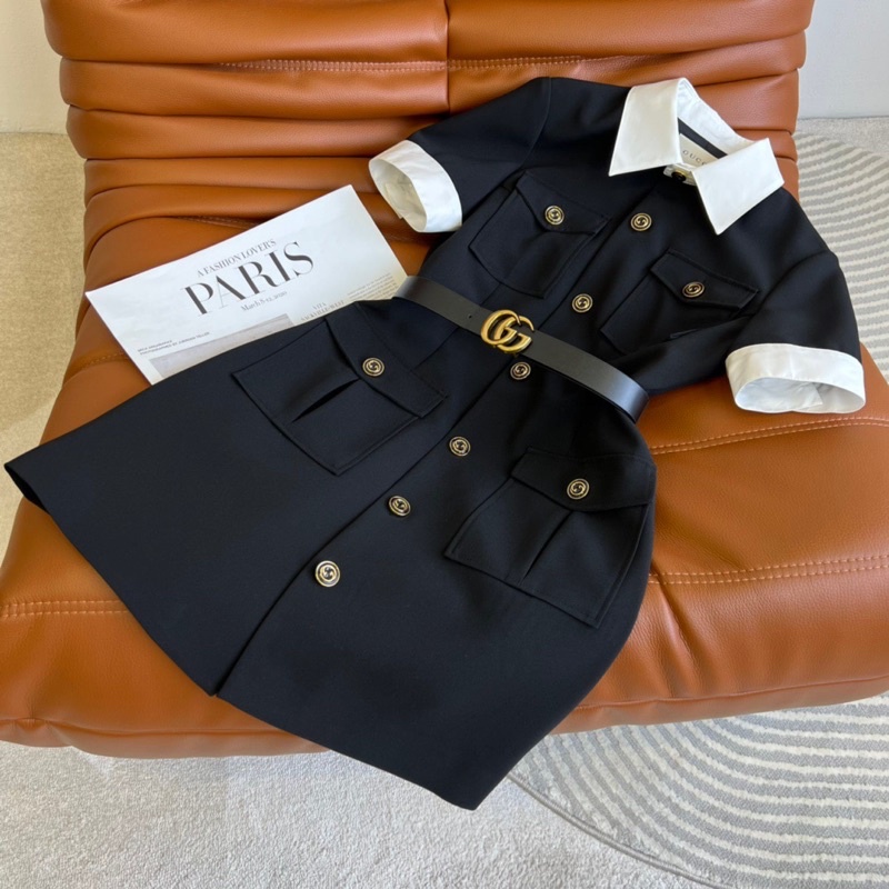 Đầm công sở dáng chữ A tay ngắn có đai thắt eo tôn dáng thương hiệu Gucci GC cao cấp