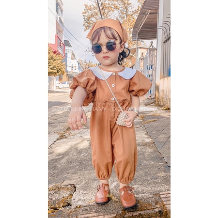 Jumsuit cổ sen phối nút vintage cho bé yêu ❤️ [ Kèm khăn đội đầu ]