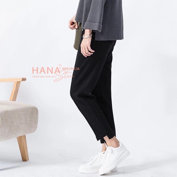 Quần baggy công sở gấu ống lệch dáng dài màu Đen vải dày mịn - Kiểu quần tây ống đứng cúc lệch phối áo sơ mi mặc đi học