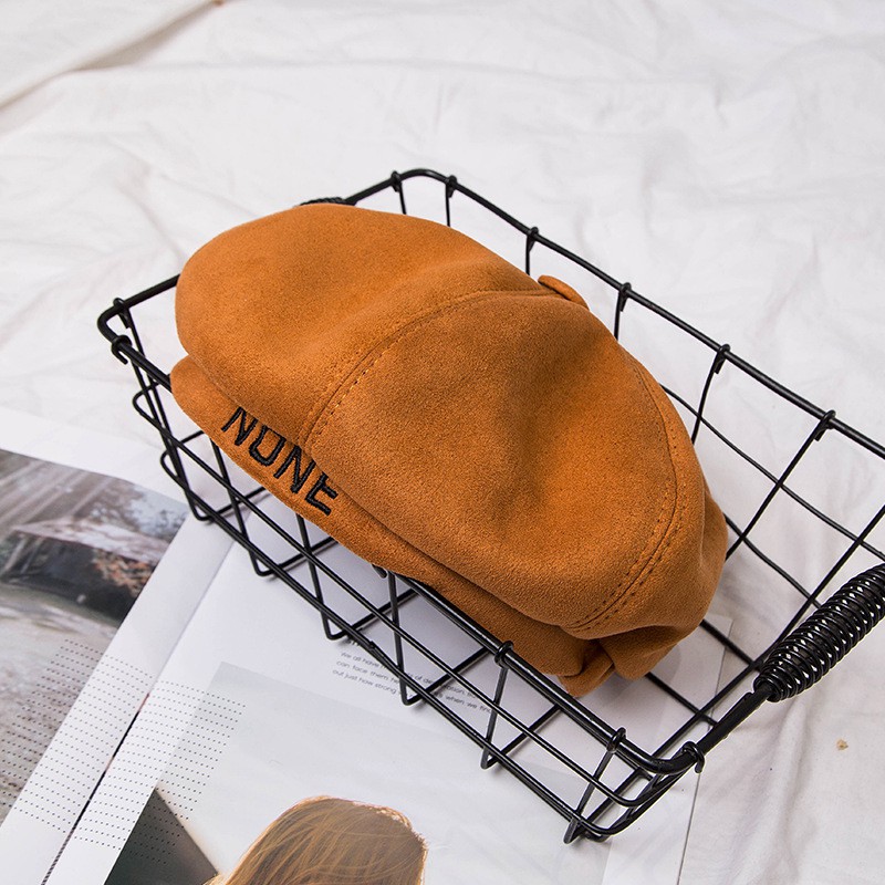 Mũ nồi, mũ beret da lộn thêu chữ None hàng dày dặn phong cách hàn quốc