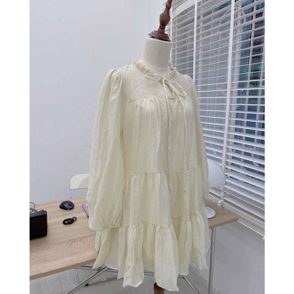Váy đũi tơ nhăn tay bo kèm đau thắt "CARA DRESS" babydoll tiểu thư siêu xinh