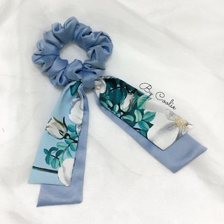 Dây cột tóc pelta scrunchies nơ dài xanh ngọc hoa