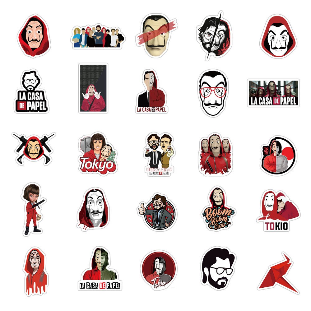 Set 50 / 25 / 10 Miếng Dán Trang Trí Chống Thấm Nước Hình Money Heist La Casa De Papel Diy
