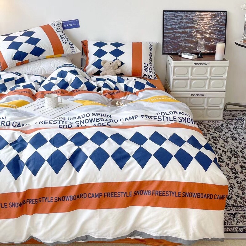 Bộ Chăn Ga Gối ❤️ Cotton living 100% cao cấp đủ size ga giường họa tiết kẻ miễn phí bo chun nhập khẩu Hàn Quốc