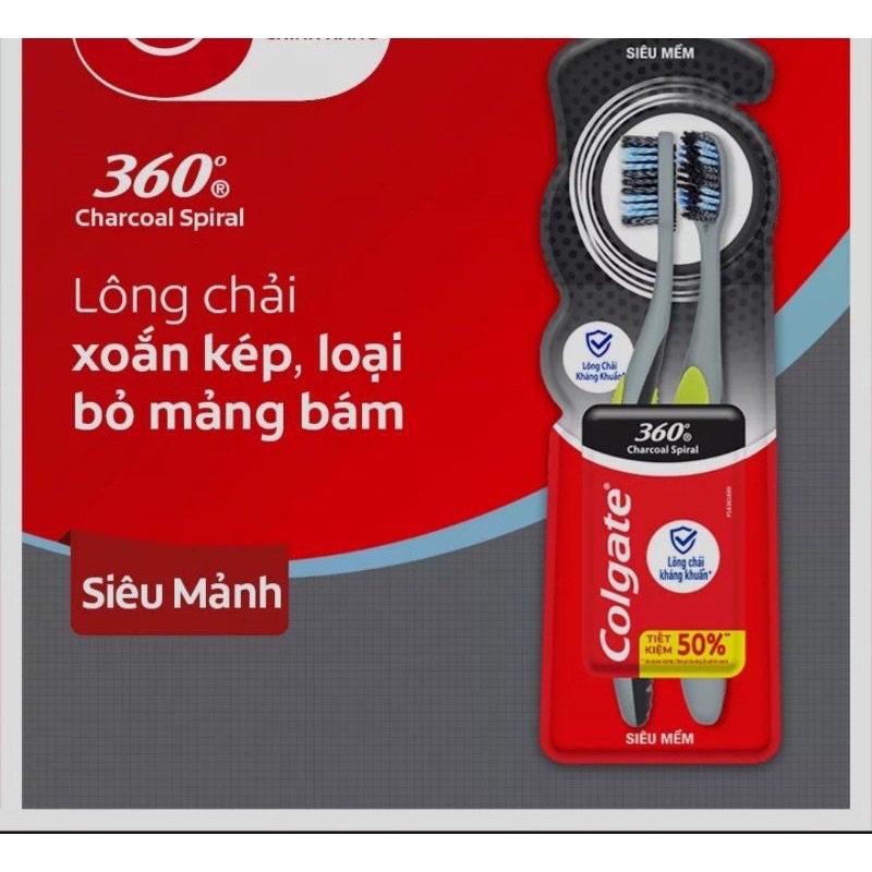 Bộ 2 Bàn Chải Đánh Răng Colgate 360 Charcoal Spiral Lông Chải Siêu Mềm Xoắn Kép Phủ Than