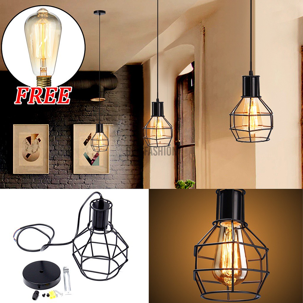 E27 Vintage Industrial Pendant Light Lamp Shade Metal Cage Black Loft Bar Cafe