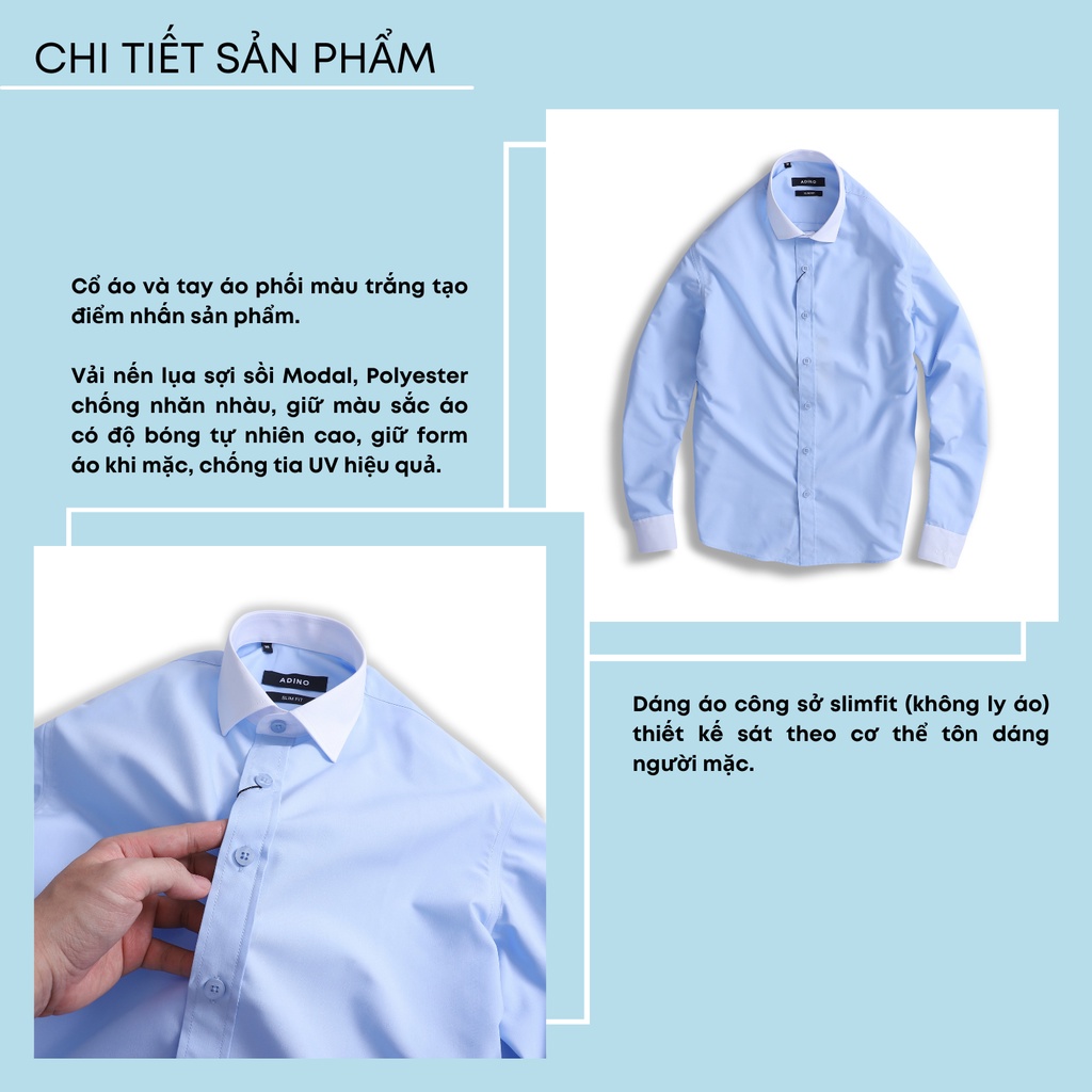 Áo sơ mi nam công sở phối màu cổ áo tay áo màu xanh nhạt ADINO vải nến lụa sợi sồi dáng slimfit hơi ôm trẻ trung SM10