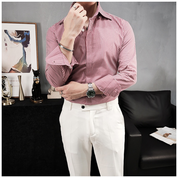 Áo Sơ Mi Nam Kẻ Sọc Tay Dài Màu Đỏ Công Sở Trady Form Ôm Body Lịch Lãm - Trady Fashion