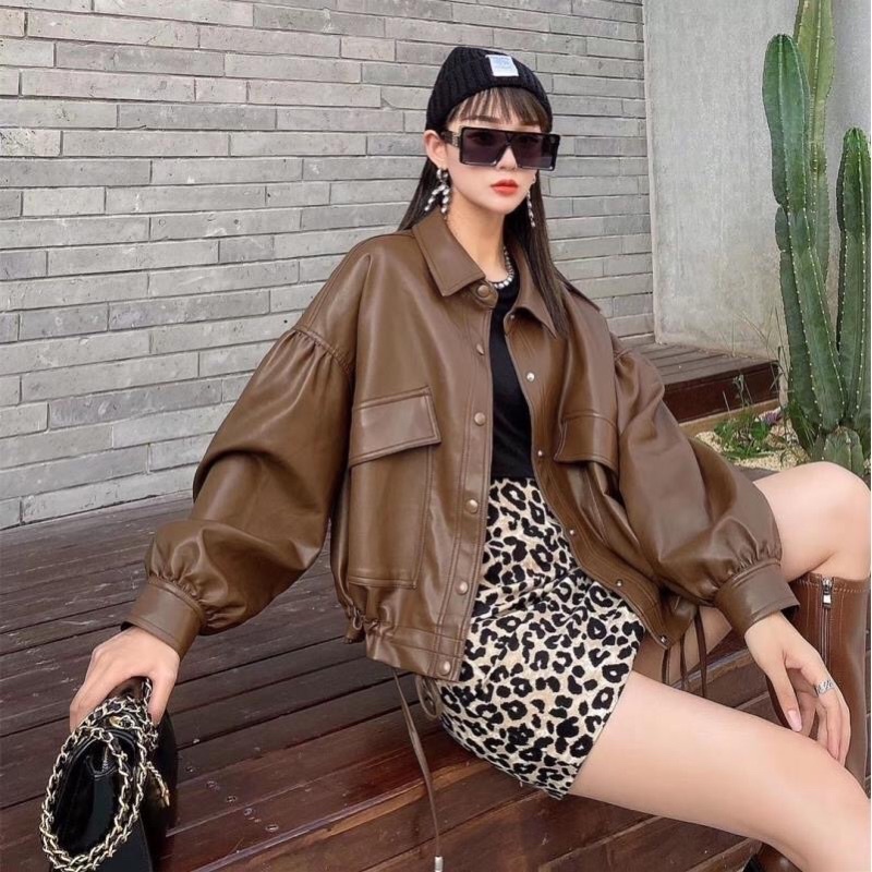 Áo khoác da tay bồng form rộng ulzzang kèm ảnh thật cận cảnh vải da