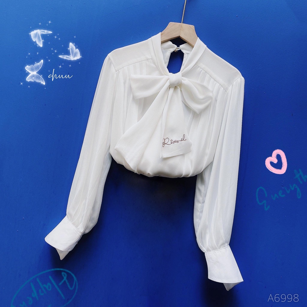 Áo sơ mi tay dài vải chiffon cổ thắt nơ in chữ Revenel CHUU A6998