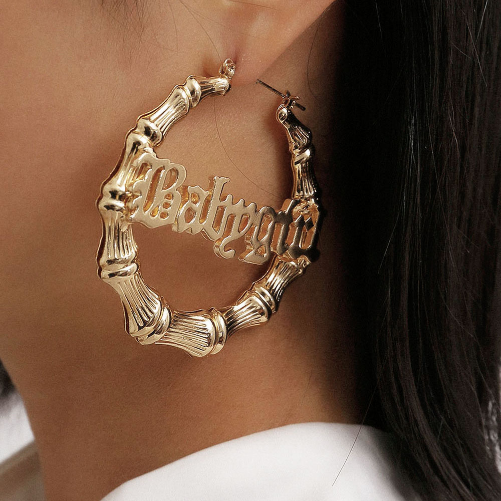 Khuyên tai vòng tròn thiết kế đốt tre họa tiết chữ đơn giản thời trang