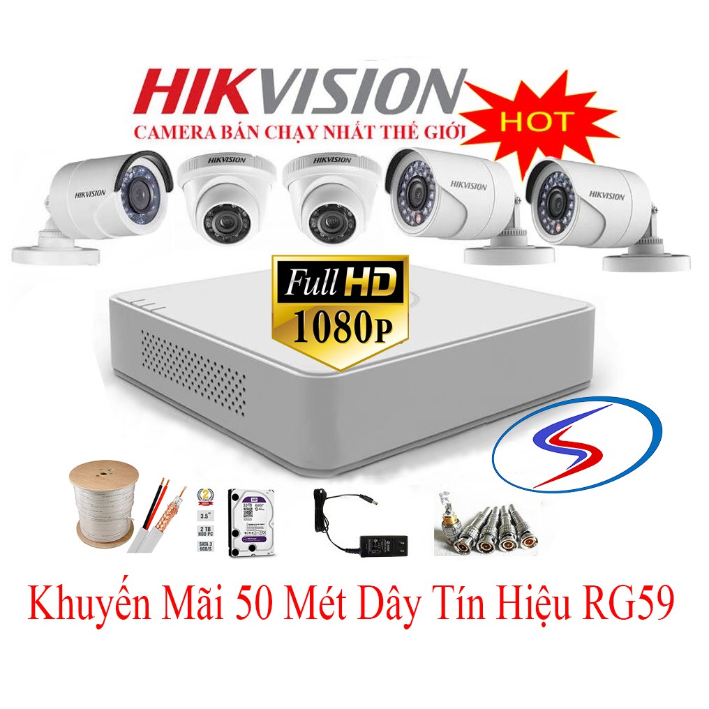 Bộ 5 camera hikvision chất lượng full hd 1080p, camera vỏ kim loại siêu bền,