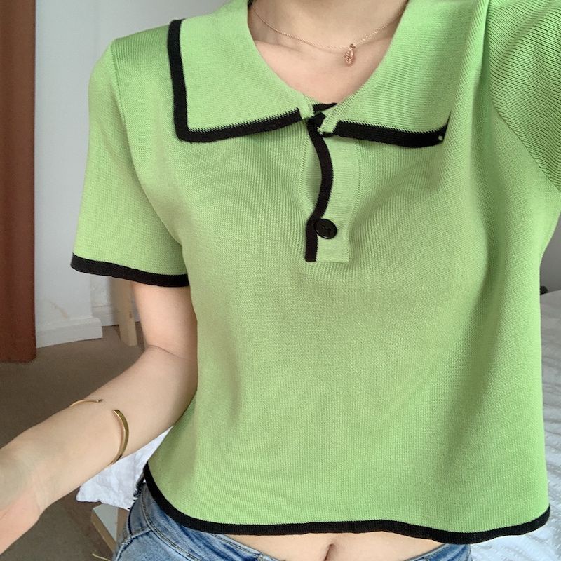 Áo Thun Dệt Kim Tay Ngắn Cổ Polo Dáng Ôm Thời Trang Mùa Hè Hàn Quốc 2022 Dành Cho Bạn Nữ