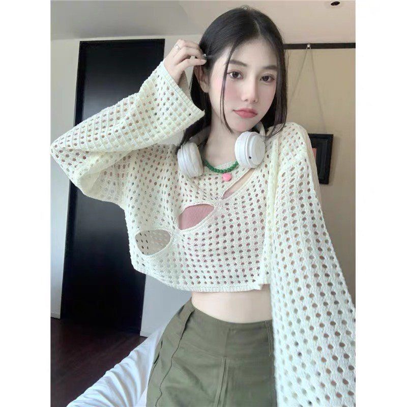 Áo Croptop Tay Dài MIRA.CLOSET, Áo Khoác Ngoài Dệt Kim A5491