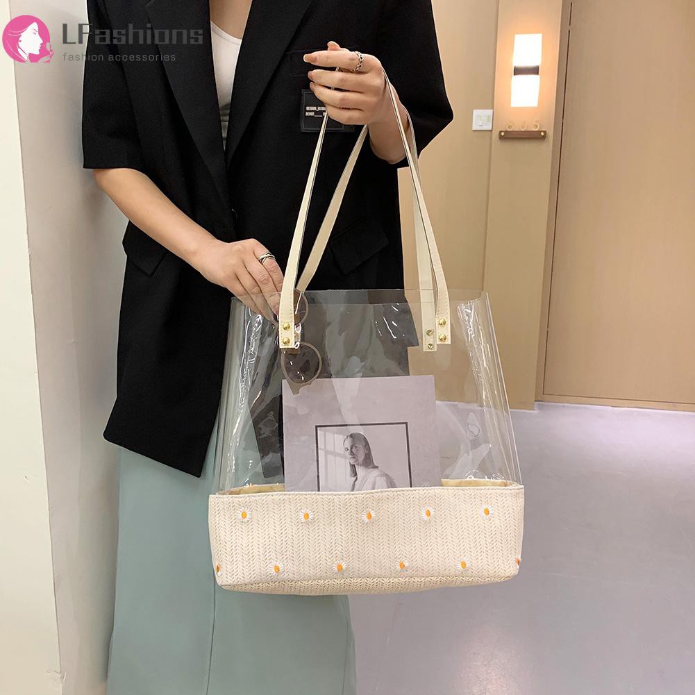 Fashion Women Woven Patchwork Daisy Shoulder Bag Summer Clear Tote Handbags