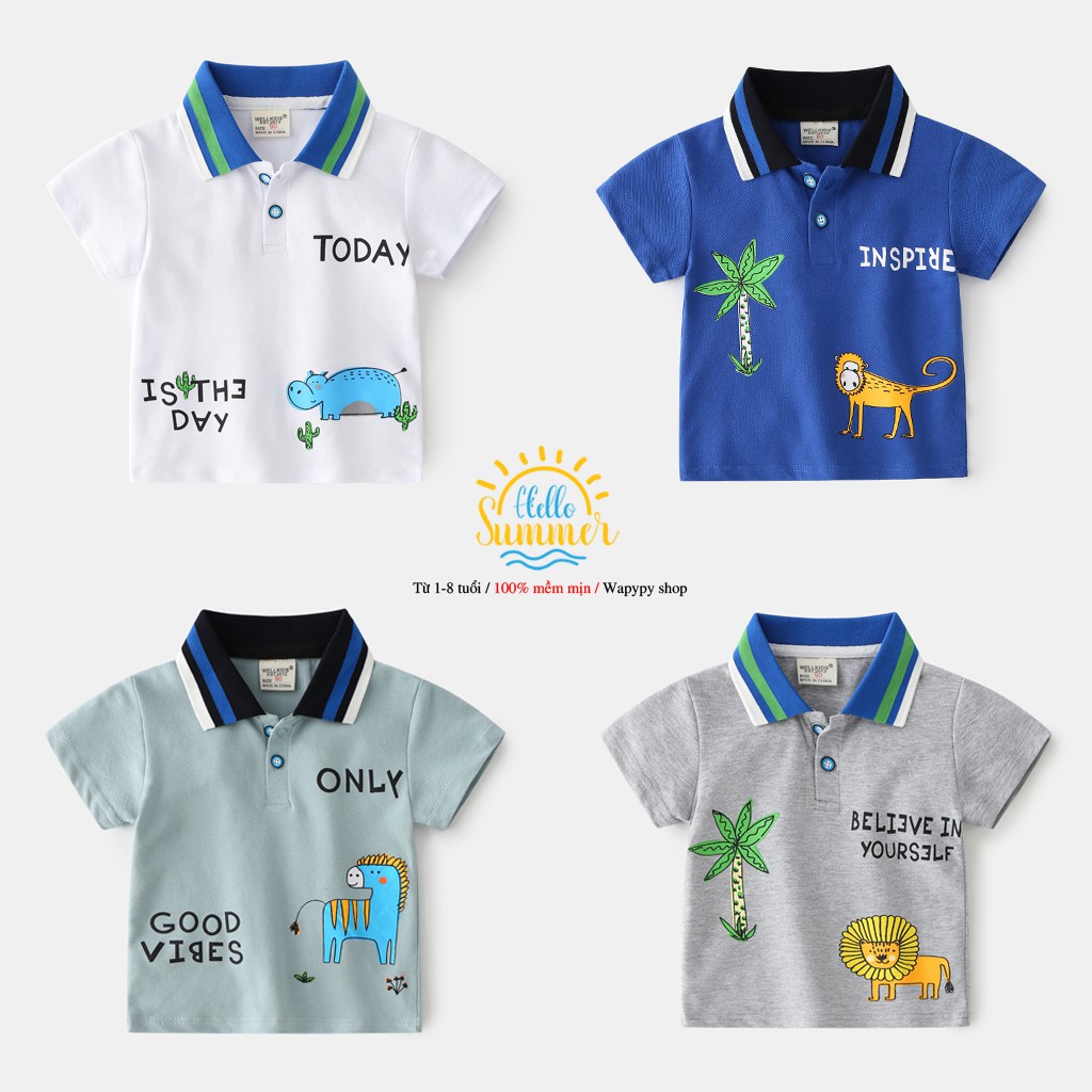 Áo Polo cho bé WELLKIDS họa tiết thú chất cotton hàng xuất Âu Mỹ