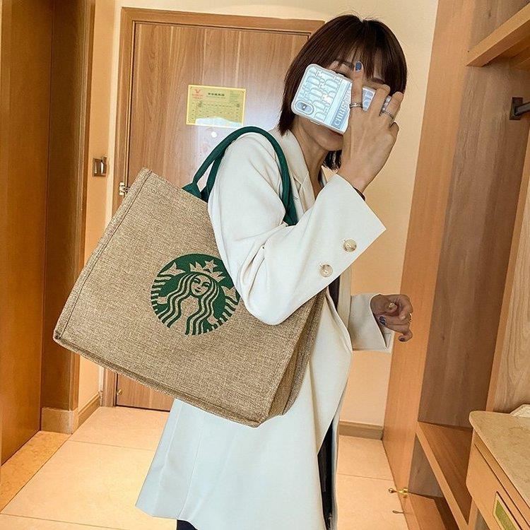 Túi Đựng Mỹ Phẩm Bằng Vải Canvas Cỡ Lớn In Logo Starbucks Tiện Dụng Mang Theo Du Lịch