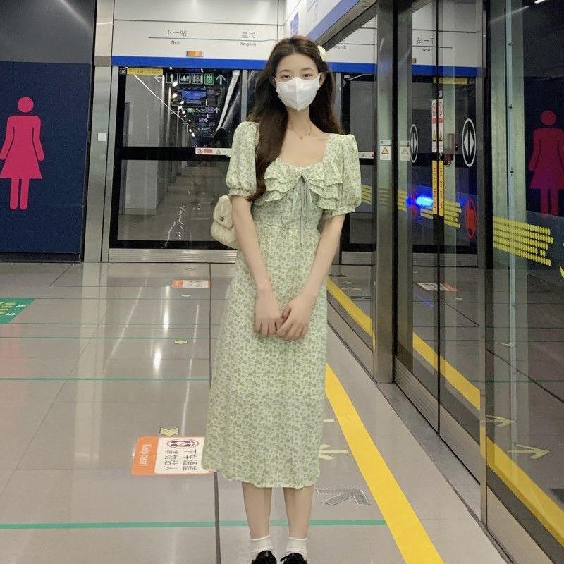 Đầm Midi Cổ Vuông Tay Phồng In Họa Tiết Hoa Thời Trang Mùa Hè Xinh Xắn Cho Nữ