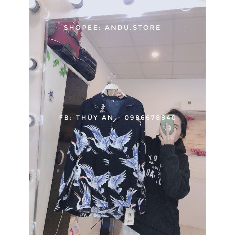 Áo sơ mi họa tiết chim cò