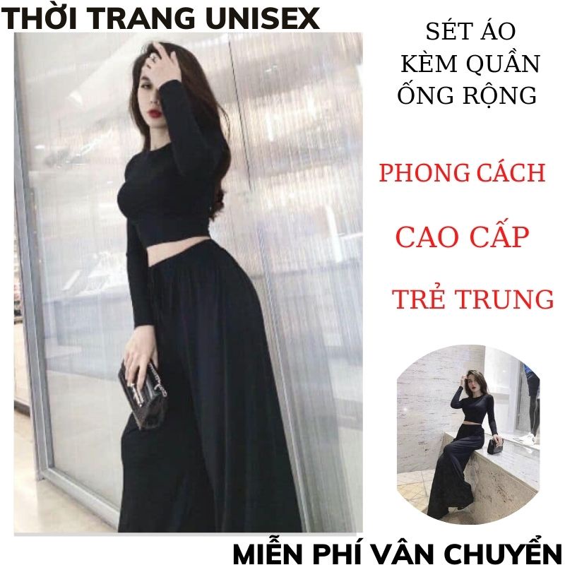 sét quần ống rộng kèm áo croptop dài tay ôm body nữ ,quần ống rộng nữ ,áo croptop nữ ULZANG PHONG CACH HÀN QUÓC TT1989