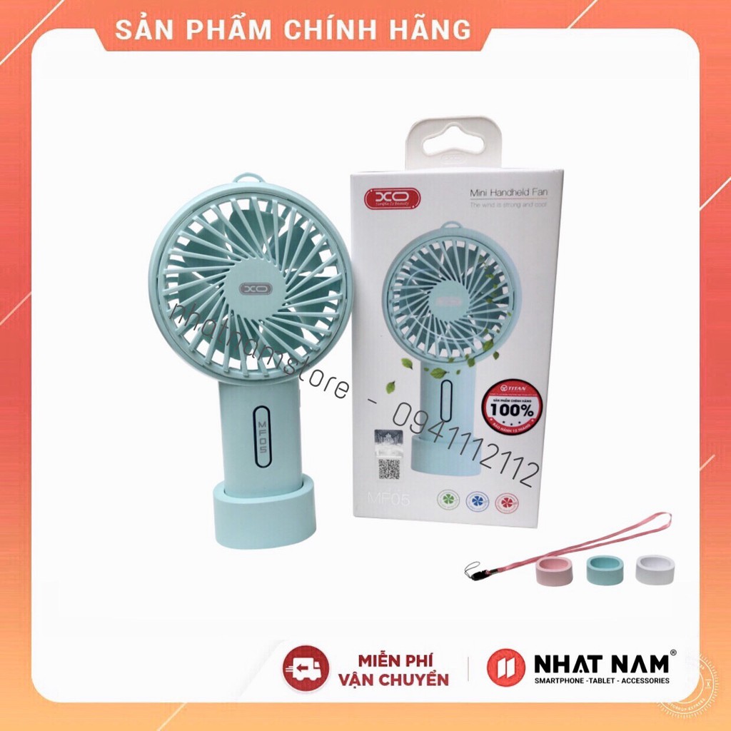 Quạt tích điện cầm tay nhựa cao cấp, quạt điện mini để bàn XO MF05, có đế dựng, 3 tốc độ gió siêu mát - Hàng chính hãng.