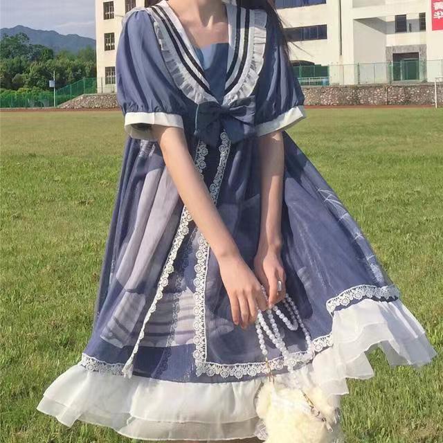 Đầm lolita Ngắn Tay Cổ Thủy Thủ Mềm Mại Theo Phong Cách Nhật Bản váy babydoll