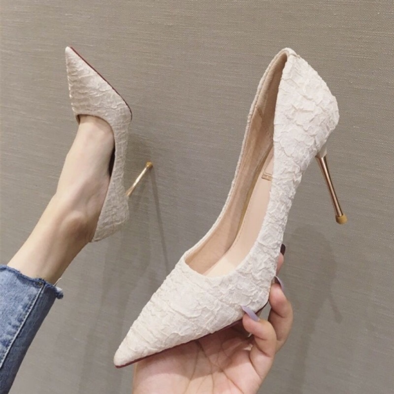 Giày Cao Gót 9cm Mũi Nhọn Cao 9cm Màu Trắng Phong Cách Pháp Thời Trang Cao Cấp Cho Nữ