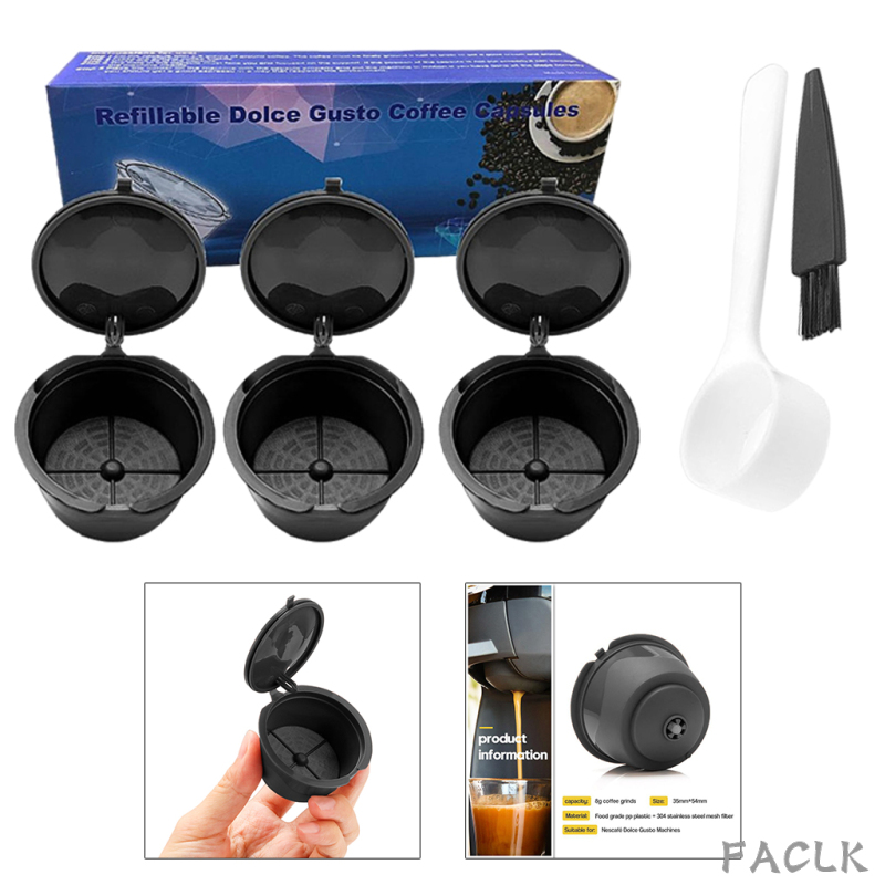 3PCS Refillable Reusable Espresso Coffee Capsule Filter Reutilisable Coffee Capsule Espresso Cups Spoon Brush