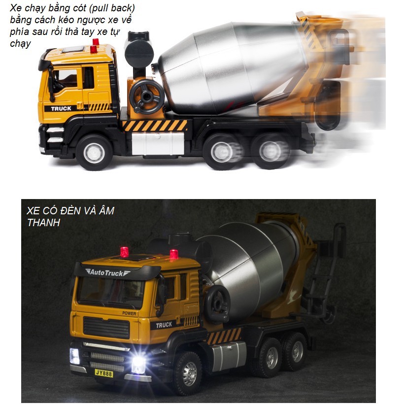 Mô hình xe bồn chở bê tông đồ chơi trẻ em - xe ô tô bằng hợp kim nhựa có âm thanh và đèn tỉ lệ 1:50