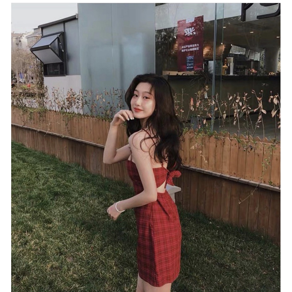 [Mã SKAMA06 giảm 8% tối đa 50K đơn 250K] Đầm/ váy kẻ đỏ thắt nơ sau | BigBuy360 - bigbuy360.vn